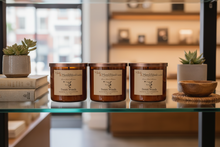 Load image into Gallery viewer, Sweet Woods-Soy 3-Wick Blown Glass Collection
